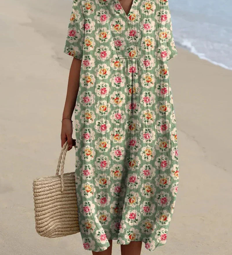 Josephine — Retro Floral Dress in Aqua Green